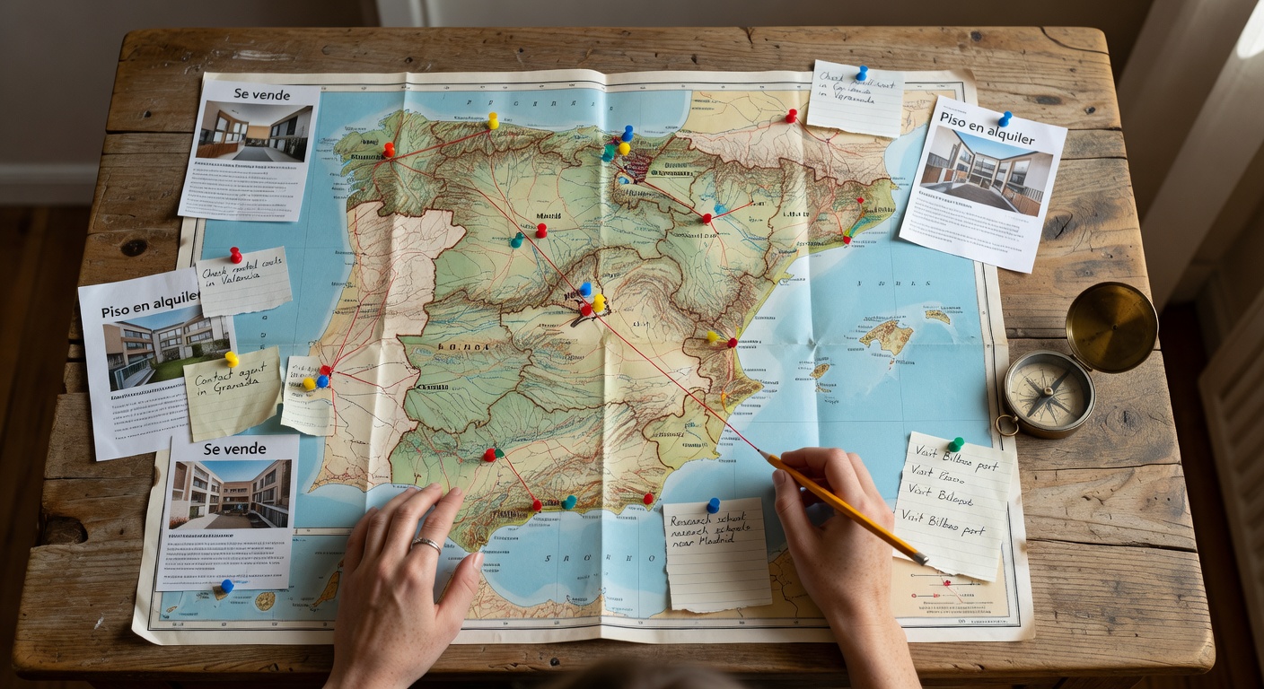 Planificación de reubicación a España con mapa